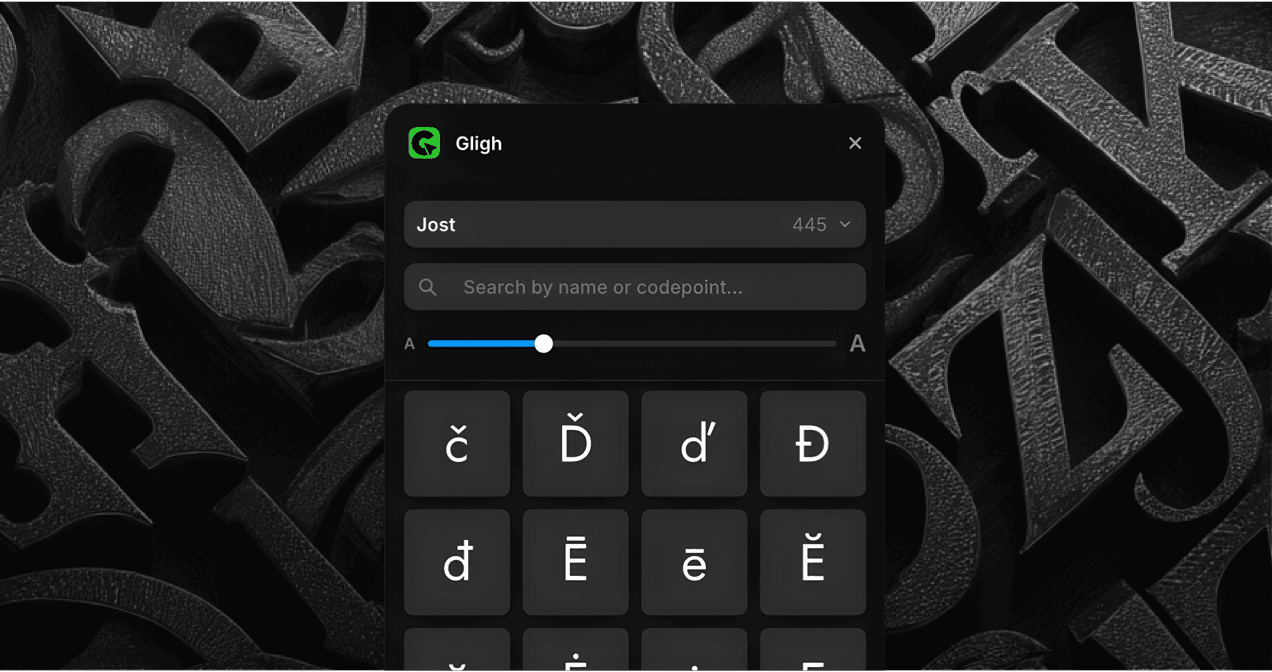 The Gligh plugin panel showing a grid of accented glyphs over a dark patterned background