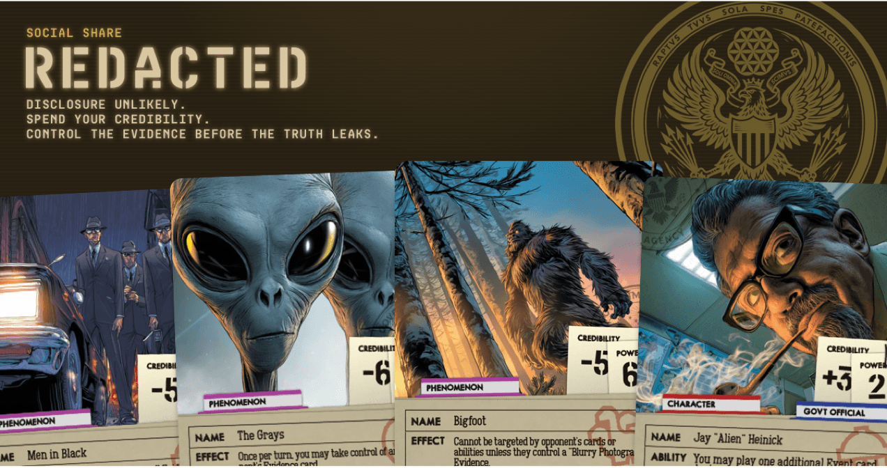 Redacted trading cards showing the Men in Black, the Grays, Bigfoot, and a government official