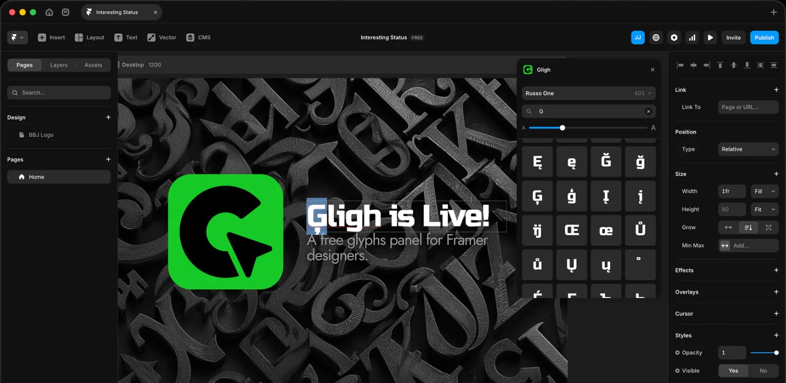 The Gligh panel open in Framer, mid glyph search