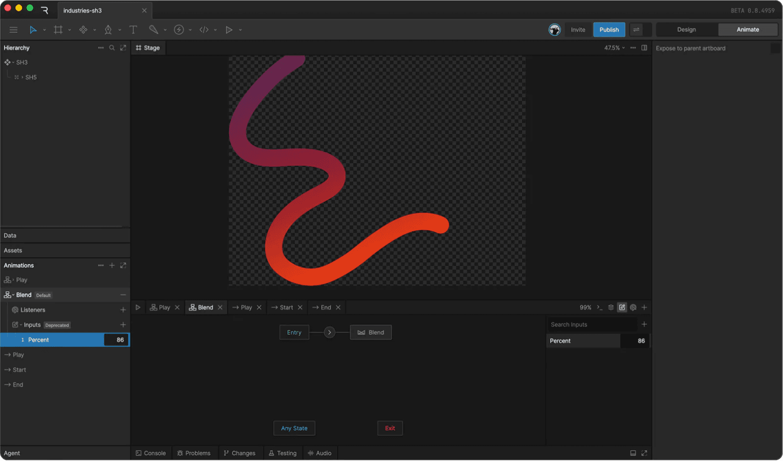 Rive editor showing the worm artboard with its Blend state machine and the Percent input
