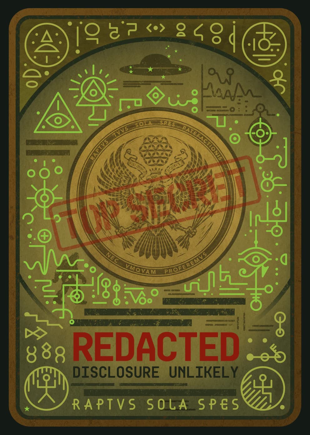 The Redacted card back: a top-secret seal surrounded by green occult glyphs, with the Redacted: Disclosure Unlikely title