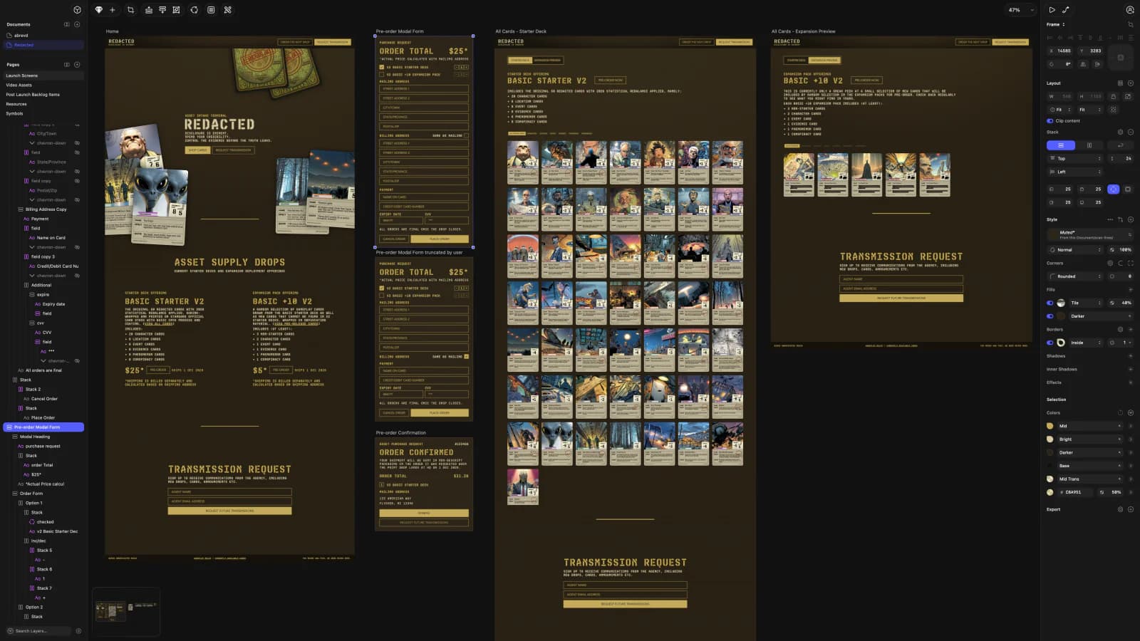The Redacted storefront designed in Sketch: home page, pre-order modal, starter deck gallery and expansion preview