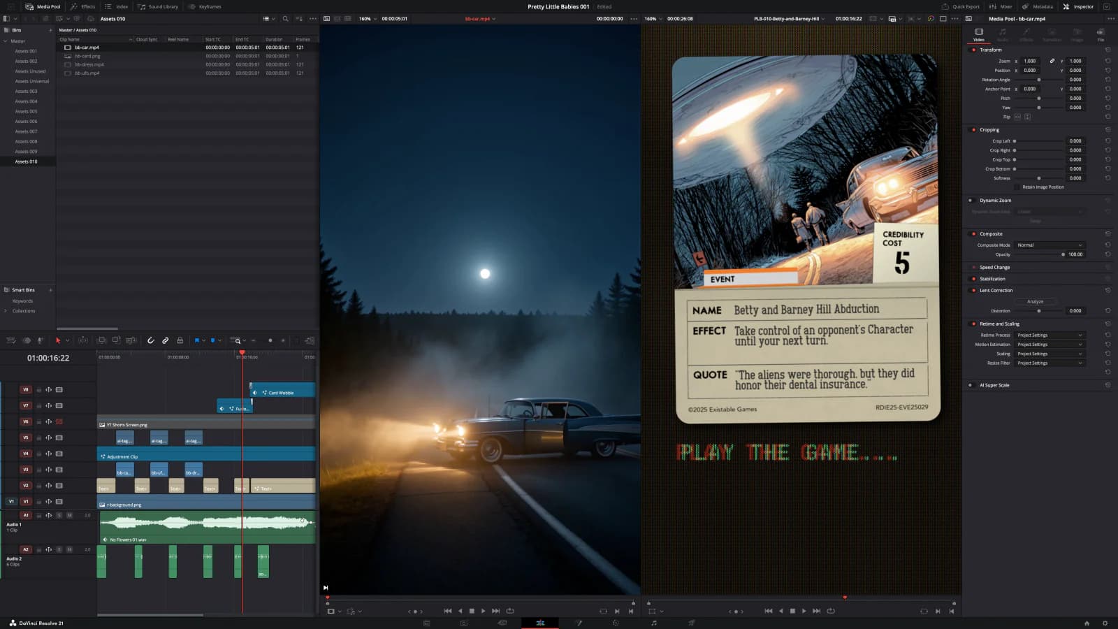 The Betty and Barney Hill campaign spot being assembled in DaVinci Resolve